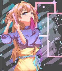  1girl absurdres blue_eyes brown_hair brushing_hair commentary darkonyx09 english_commentary grey_background hand_in_own_hair highres holding holding_brush kamiina_botan kamiina_botan_(manga_design) kamiina_botan_yoeru_sugata_wa_yuri_no_hana long_hair looking_at_viewer mouth_hold pink_ribbon purple_sweater ribbon ribbon_in_mouth skirt smile solo sweater yellow_skirt 