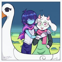  1boy 1other acid armor bird blue_hair blue_skin blush colored_skin delta_rune_print glowraysunshine green-framed_eyewear highres hug kris_(dark_world)_(deltarune) kris_(deltarune) lake photo_(object) pink_eyes pink_scarf ralsei round_eyewear scarf swan white_fur 