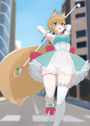  1girl animal_ear_fluff animal_ears ankle_socks armpits arms_behind_head asymmetrical_legwear asymmetrical_sidelocks back_bow blonde_hair blurry blurry_background blush bow breasts bubble_skirt building cowboy_shot crosswalk dress egq912 egq912_(artist) elbow_gloves fluffy_tail fox_ears fox_girl fox_tail frilled_gloves frilled_panties frilled_skirt frilled_thighhighs frills furrowed_brow gloves green_dress green_eyes highres holding holding_wand indie_virtual_youtuber large_bow large_breasts layered_skirt magical_girl mismatched_legwear navel outdoors panties panties_visible_through_clothes petticoat red_bow road see-through_clothes see-through_skirt_layer self-portrait shirt shoelaces shoes sidelocks skirt sky sneakers socks solo standing standing_on_one_leg strapless strapless_dress street sweat tail thigh-highs thighs two-tone_dress underwear virtual_youtuber wand white_dress white_gloves white_panties white_shoes white_thighhighs 
