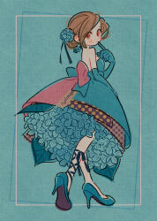  1girl black_ribbon blush brown_eyes brown_hair closed_mouth commentary_request dress elbow_gloves flower full_body gloves green_dress green_gloves green_shoes hair_bun hair_flower hair_ornament hair_ribbon hand_up high_heels highres hydrangea_hair_ornament index_finger_raised looking_to_the_side oharu-chan original ribbon shoes single_hair_bun solo standing strapless strapless_dress 