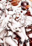  3girls ahoge airfield_hime armpits ass claws dress highres horn horns kantai_collection long_hair looking_at_viewer lying lying_on_person mittens multiple_girls northern_ocean_hime plane_(planetw2002) red_eyes seaport_hime shinkaisei-kan white_dress white_hair white_skin 