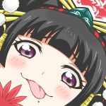  1girl :p black_hair blush dead_or_alive dead_or_alive_5 face fan hair_ornament hair_stick hat long_hair love_live!_school_idol_project mole mole_under_mouth nyotengu parody pom_pom_(clothes) smile solo spiritual_b90 tokin_hat tongue tongue_out violet_eyes 