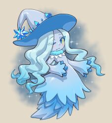  1other :3 blue_dress blue_eyes blue_hair blue_hat blue_skin blush colored_skin commentary_request crystal_hat_ornament dress fang hat highres ice_crystal icelyn long_hair long_sleeves looking_at_viewer one_eye_closed pal_(creature) palworld simple_background solo sparkle sparkling_aura witch_hat zhainan_xiao_zhao 