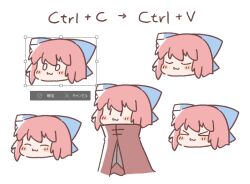  >_< 1girl :3 blush bow brown_shirt cloak closed_eyes closed_mouth commentary disembodied_head floating_head hair_bow looking_at_viewer multiple_heads red_cloak red_hair red_skirt romaji_commentary sekibanki shirt simple_background skirt smile touhou translation_request white_background zenerat |_| 