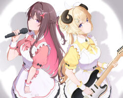  2girls absurdres alternate_costume alternate_hairstyle animal_ears apron asymmetrical_hair azki_(hololive) back-to-back black_hair black_skirt blush bow bowtie braid breasts closed_mouth colored_inner_hair commentary cowboy_shot double-parted_bangs electric_guitar english_commentary enmaided flower frilled_skirt frilled_sleeves frills grey_background guitar hair_between_eyes hair_flower hair_intakes hair_ornament hair_ribbon hairband hairclip half_up_braid highres holding holding_guitar holding_instrument holding_microphone hololive horns instrument long_hair looking_at_viewer maid medium_breasts microphone mole mole_under_eye multicolored_eyes multicolored_hair multiple_girls pink_bow pink_bowtie pink_hair pink_shirt pink_streaks ponytail puffy_sleeves ribbon shadow sheep_ears sheep_girl sheep_horns shirt simple_background single_sidelock skirt smile standing streaked_hair tsunomaki_watame violet_eyes virtual_youtuber vmerin white_apron white_background white_hair white_hairband white_ribbon white_streaks white_wrist_cuffs wing_collar wrist_cuffs yellow_bow yellow_bowtie yellow_eyes yellow_shirt 