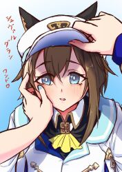 3girls adjusting_hair animal_ears ascot blue_cape blue_eyes breasts brown_hair cape cheval_grand_(grand_itineraire)_(umamusume) cheval_grand_(umamusume) ear_covers ears_through_headwear hair_between_eyes hand_on_another's_cheek hand_on_another's_face hat hat_belt horse_ears horse_girl jacket looking_at_viewer multicolored_hair multiple_girls peaked_cap solo_focus streaked_hair suzuneiroekaki umamusume v_sisters verxina_(le_beau_sommet)_(umamusume) verxina_(umamusume) vivlos_(umamusume) vivlos_(voyage_etincelant)_(umamusume) white_hair white_hat white_jacket yellow_ascot 
