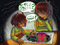  ! 1boy 1girl 2others ? absurdres aged_down asriel_dreemurr brown_hair colored_skin commentary crayon crayon_drawing december_holiday deltarune drawing_(action) drawing_(object) earclip english_commentary fake_horns food highres holding holding_crayon horns kris_(deltarune) majindoodles multiple_others pie red_horns shaded_face short_hair speech_bubble spoken_exclamation_mark spoken_question_mark utdr_(toby_fox) yellow_skin 
