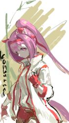  1girl animal_ears bow buruma closed_mouth ear_bow ear_covers fingerless_gloves flower-shaped_pupils flower_in_eye gloves haru_urara_(bestest_prize)_(umamusume) haru_urara_(umamusume) headband horse_ears horse_girl horse_tail inishie_kumo jacket long_hair pink_buruma pink_hair pink_headband ponytail red_buruma red_gloves red_headband shirt solo symbol-shaped_pupils symbol_in_eye tail umamusume white_jacket white_shirt 