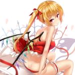    1girl album_cover ass back bare_arms bare_shoulders blonde_hair corsage cover flandre_scarlet hair_ribbon highres laevatein lani_(pink__pink) long_hair looking_at_viewer looking_back no_pants panties petals red_eyes red_panties ribbon side_ponytail sitting solo thigh_strap touhou underwear very_long_hair wings 