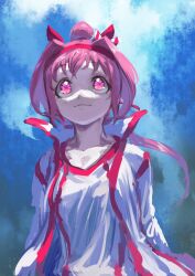  1girl animal_ears bow breasts buruma ear_bow ear_covers flower-shaped_pupils flower_in_eye haru_urara_(bestest_prize)_(umamusume) haru_urara_(umamusume) headband highres horse_ears horse_girl horse_tail inishie_kumo jacket long_hair parted_lips pink_buruma pink_hair pink_headband ponytail shirt small_breasts smile solo symbol-shaped_pupils symbol_in_eye tail umamusume upper_body white_jacket white_shirt 