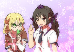  2girls arm_warmers bespectacled black-framed_eyewear black_hair black_necktie blonde_hair bow braid brown_eyes brown_shirt chikuwa_coffee_(milk_soda) collared_shirt commentary_request frilled_shirt_collar frills glasses green_eyes hair_bow half_up_braid hat himekaidou_hatate holding holding_phone long_hair looking_at_viewer mizuhashi_parsee multiple_girls necktie open_mouth petals phone pointy_ears purple_background purple_bow purple_hat scarf shirt short_hair short_sleeves smile tokin_hat touhou twintails upper_body waving white_scarf white_shirt 