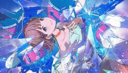 1girl alternate_hair_length alternate_hairstyle bare_shoulders belt blue_eyes blunt_bangs brown_hair choker collarbone drum drum_set from_above hair_ornament hairclip hand_on_own_chest hand_on_own_hip hand_up into_the_new_light_(project_sekai) leaning_back looking_at_viewer mochizuki_honami nail_polish official_art pink_nails project_sekai shattered short_hair shorts smile solo teeth white_shirt white_shorts