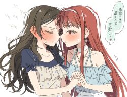  2girls blue_shirt blush closed_eyes commentary_request ear_blush earrings face-to-face frilled_shirt frills hairband hano9789 heart highres holding_hands idolmaster idolmaster_million_live! idolmaster_million_live!_theater_days interlocked_fingers jewelry kitazawa_shiho korean_commentary long_hair looking_at_another multiple_girls official_alternate_costume red_eyes red_hair shirt simple_background speech_bubble spoken_heart sweatdrop tanaka_kotoha thought_bubble translation_request upper_body white_background yuri 