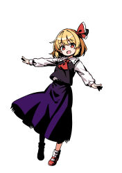  1girl absurdres ascot black_vest blonde_hair collared_shirt commentary_request full_body hair_between_eyes hair_ribbon highres limone_illust long_sleeves looking_at_viewer medium_hair open_mouth outstretched_arms purple_skirt red_ascot red_eyes red_ribbon ribbon rumia shirt simple_background skirt smile solo spread_arms touhou vest white_background white_shirt 