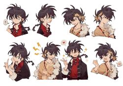 2boys ? ^_^ anger_vein bandana braid brown_eyes clenched_hand closed_eyes fang heart hibiki_ryouga highres male_focus multiple_boys open_mouth ranma_1/2 saotome_ranma saotome_ranma_(male) short_hair single_braid siyer spoken_anger_vein spoken_heart spoken_question_mark v v-shaped_eyebrows yellow_bandana 