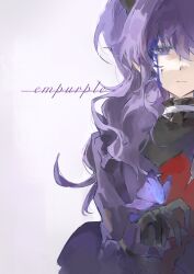  1girl asahina_mafuyu black_gloves blood blood_on_face blue_blood blue_eyes bug butterfly butterfly_on_hand closed_mouth colored_blood dress empty_eyes english_text expressionless gloves grey_background high_ponytail highres ibik_lun light_frown long_hair long_sleeves multicolored_dress multicolored_eyes official_alternate_costume ponytail project_sekai puffy_long_sleeves puffy_sleeves purple_butterfly purple_dress purple_hair red_dress simple_background solo song_name tomoshibi_wo_teguri_yosete_(project_sekai) two-tone_eyes upper_body violet_eyes wavy_hair 