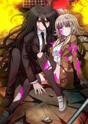 1boy 1girl absurdres black_hair black_necktie black_suit bleeding blood carrying carrying_person colored_blood commission commissioner_upload danganronpa_(series) danganronpa_3_(anime) highres kamukura_izuru lewdkuma long_hair looking_at_viewer nanami_chiaki necktie official_alternate_costume official_style pink_blood pink_eyes red_eyes suit thigh-highs torn_clothes torn_thighhighs v-shaped_eyebrows very_long_hair 