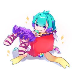  1girl blue_hair box cloak commentary_request fate/grand_order fate_(series) hat highres holding holding_mushroom in_box in_container kibinago_(kibinago614) locusta_(fate) looking_at_viewer multicolored_hair mushroom pointy_ears purple_cloak purple_hair saint_quartz_(fate) sandals sharp_teeth short_hair simple_background smile solo teeth two-tone_hair violet_eyes white_background 