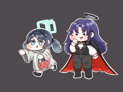 =_= absurdres alternate_costume alternate_hairstyle aqua_halo aris_(blue_archive) black_cape black_hair black_halo black_vest blue_archive blush_stickers braid brown_background cape chibi fangs halloween halloween_bucket halloween_costume halo hanyongun634559 highres holding holding_halloween_bucket kei_(blue_archive) long_hair long_sleeves mechanical_halo open_mouth ponytail pumpkin purple_hair rectangular_halo red_cape shirt side_braid simple_background sweatdrop two-sided_cape two-sided_fabric vampire vampire_costume vest white_shirt yuuka_(blue_archive) 