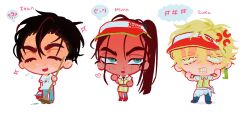  1girl 2boys ? ?? absurdres alien_stage anger_vein apron black_hair blonde_hair broom brown_hair carhop character_name chibi chibi_only closed_eyes collared_shirt colored_eyelashes commentary dark-skinned_female dark_skin eatingpl4tes emoticon english_commentary fang grey_eyes highres holding holding_broom hyuna_(alien_stage) ivan_(alien_stage) kaomoji luka_(alien_stage) multiple_boys official_alternate_costume ponytail roller_skates shirt skates skin_fang skirt spoken_kaomoji spoken_question_mark striped_clothes striped_shirt striped_skirt sweat thick_eyebrows two-tone_shirt two-tone_skirt vertical-striped_clothes vertical-striped_shirt vertical-striped_skirt visor_cap waiter waitress white_apron white_shirt white_skirt yellow_eyes yellow_shirt yellow_skirt 