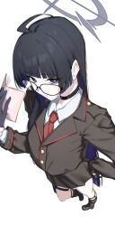  1girl absurdres ahoge azuisei black-haired_gehenna_student_(blue_archive) black_choker black_gloves black_hair black_jacket blue_archive blue_halo blunt_bangs boots choker colored_inner_hair expressionless foreshortening from_above full_body glasses gloves halo hand_on_own_hip highres hime_cut holding holding_notebook jacket long_hair looking_at_viewer multicolored_hair necktie notebook red_necktie shirt solo white_background white_shirt 