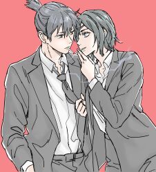  1boy 1girl absurdres black_eyes black_hair black_jacket black_necktie black_pantyhose black_suit chainsaw_man cigarette cigarette_kiss clothes_grab commentary_request earrings eyepatch hayakawa_aki hetero highres himeno_(chainsaw_man) jacket jewelry medium_hair necktie necktie_grab neckwear_grab okamine_yuiko pantyhose red_background smoking stud_earrings suit topknot 