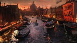  boat building city darek_zabrocki faux_traditional_media highres impressionism no_humans original reflection river scenery smoke torch watercraft 
