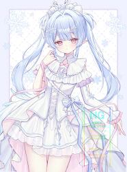  1girl :< argyle_background blue_hair border bow capelet commentary commission detached_sleeves dress flat_chest frilled_dress frills hair_ornament hairclip hand_up high-low_dress highres layered_dress light_blush long_hair looking_at_viewer melting original pink_eyes pointy_ears ribbon simple_background single_sleeve skeb_commission snowflake_background snowflake_hair_ornament snowflakes suineco thighs tiara twintails untranslatable_commentary watermark white_capelet white_dress white_tiara 