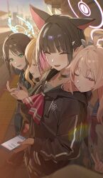  4girls absurdres after-school_sweets_club_(blue_archive) ahoge airi_(blue_archive) animal_ears black_choker black_hair black_jacket blonde_hair blue_archive blue_sailor_collar bright_pupils brown_hair cardigan cat_choker cat_ears cat_girl cellphone choker colored_inner_animal_ears colored_inner_hair commentary_request evening extra_ears facing_viewer flatshi from_side green_eyes green_halo green_sailor_collar hair_ornament hairclip halo head_on_another's_shoulder highres holding holding_phone hood hooded_jacket jacket kazusa_(blue_archive) long_hair long_sleeves looking_at_viewer multicolored_hair multiple_girls natsu_(blue_archive) neckerchief one_eye_closed outdoors phone pink_hair pink_halo pink_neckerchief red_eyes sailor_collar short_hair smartphone standing train_station_platform two-tone_hair v white_cardigan white_pupils yoshimi_(blue_archive) 