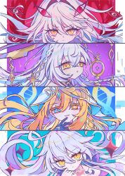  4girls absurdres ahoge angel_wings asmoday_(genshin_impact) bismas_bi blonde_hair body_markings closed_mouth colored_skin commentary dress eye_symbol genshin_impact grey_hair hair_between_eyes hair_intakes hair_ornament halo hand_on_own_cheek hand_on_own_face happy head_tilt headpiece heterochromia highres hood hood_up huge_ahoge istaroth_(genshin_impact) long_hair looking_at_viewer multicolored_skin multiple_girls open_mouth orange_eyes pout red_wings rhinedottir_(genshin_impact) ronova_(genshin_impact) siblings side_ahoge sisters smile star_(symbol) two-tone_skin upper_body wavy_hair wings 