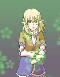  1girl blonde_hair braid brown_shirt chikuwa_coffee_(milk_soda) closed_mouth commentary_request cowboy_shot frown gradient_background green_background green_eyes grey_background half_up_braid hand_on_own_arm looking_at_viewer loose_socks medium_hair mizuhashi_parsee pointy_ears scarf shirt short_sleeves socks solo touhou v-shaped_eyebrows white_scarf 
