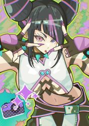  black_hair camera collar double_v fingerless_gloves fingernails gloves hair_horns han_juri heterochromia long_fingernails midriff multicolored_hair nail_polish pink_eyes purple_nails pyxgt spiked_collar spikes street_fighter street_fighter_6 tongue tongue_out two-tone_hair v violet_eyes 