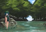  1girl barefoot blue_eyes blue_hair blue_sky clouds cloudy_sky dress forest grass hair_bobbles hair_ornament hat kawashiro_nitori key leg_up looking_at_viewer moss nature plant pocket pointing pointing_at_self river rock scenery shirt short_hair sitting sitting_on_rock skirt skirt_set sky sleeves_rolled_up solo touhou tree twintails wading water 