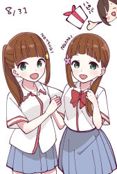  3girls aqua_eyes birthday blush_stickers bow bowtie box brown_hair closed_eyes collared_shirt commentary_request dated flower futago_nosaki futago_notsugi gift gift_box grey_skirt hair_flower hair_ornament hairstyle_request highres hitori_bocchi hitoribocchi_no_marumaru_seikatsu holding holding_gift holding_hands katsuwo_(cr66g) miniskirt multiple_girls official_artist_extra pleated_skirt red_bow red_bowtie school_uniform shirt skirt star_(symbol) star_hair_ornament white_shirt 