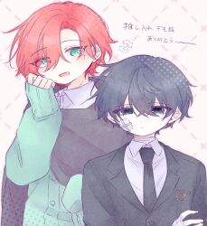  2boys aqua_cardigan bandaged_hand bandages black_cloak black_eyes black_hair black_necktie cardigan cloak commentary_request crossed_arms esse_series gauze gauze_on_cheek highres kuchinashi_dabi lapels looking_at_another male_focus mimi_utlove mole mole_under_eye multiple_boys necktie oshi_no_tachiba_ga_irekawaru tonimura_yui 