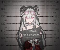 1girl :p bare_shoulders black_choker character_name choker chu_siyue commentary_request double-parted_bangs english_text eyewear_on_head grey_hair hair_ornament highres holding honkai:_star_rail honkai_(series) long_hair looking_at_viewer pink_eyes red_skirt shadow skirt solo sparkle_(honkai:_star_rail) sparxie_(candy-coated_waves)_(honkai:_star_rail) sparxie_(honkai:_star_rail) sunglasses tongue tongue_out twintails two_side_up very_long_hair x_hair_ornament 