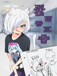  +++ 1boy 1girl absurdres ahoge animal_ear_fluff animal_ears black_shirt cat_ears cat_girl cat_tail closed_mouth collarbone drawing_(object) earrings egg_hair_ornament embarrassed english_text fidgeting food-themed_hair_ornament hair_ornament hair_over_one_eye hallway hand_on_own_arm hatsune_miku highres holding holding_leash indoors jewelry leash locker long_bangs multiple_earrings no_eyes notebook_paper original school shirt short_hair smile tail the-eggroller twitter_username vocaloid white_hair 