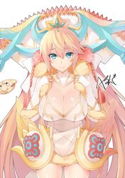  1girl blonde_hair blue_eyes blush breasts cleavage dress fur_trim headdress hsuliherng large_breasts long_hair puzzle_&amp;_dragons sakuya_(p&amp;d) shiny shiny_skin solo sweatdrop very_long_hair 