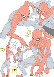  1boy animal_print annoyed bird bodysuit character_logo commentary_request dynamic_pose english_text full_body holding holding_phone japtangtang2 korean_commentary marvel multicolored_bodysuit multiple_persona multiple_views peter_parker phone print_bodysuit sitting speech_bubble spider-man spider-man:_brand_new_day spider-man_(series) spider_print spider_web_print squatting superhero_costume two-tone_bodysuit white_background 