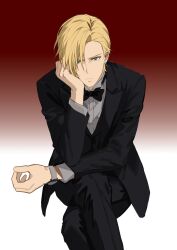  1boy ash_lynx banana_fish black_jacket black_pants black_suit blonde_hair bow bowtie crossed_legs dress_shirt earrings gradient_background green_eyes highres jacket jewelry lemilisi looking_at_viewer male_focus pants red_background shirt short_hair simple_background sitting solo suit suit_pants traditional_bowtie two-tone_background watch watch white_background white_shirt wingtip_collar 