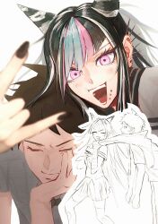  1boy 1girl absurdres ahoge blue_streaks brown_hair collared_shirt commentary_request danganronpa_(series) danganronpa_2:_goodbye_despair face_piercing flipped_hair green_necktie hair_horns highres hinata_hajime lip_piercing magimagi_256 messy_hair mioda_ibuki mouth_piercing multicolored_hair multiple_piercings necktie piercing pink_streaks sequential_piercings shirt smile streaked_hair 