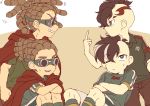  4boys armband brown_hair cape crossed_arms dual_persona fudou_akio goggles grin hairlocs inazuma_eleven inazuma_eleven_(series) inazuma_japan kidou_yuuto male_focus multiple_boys one_eye_closed open_mouth saku_anna shin_teikoku sitting smile soccer_uniform sportswear sweat teikoku teikoku_soccer_uniform tongue tongue_out 