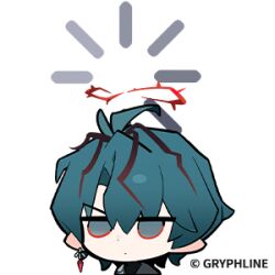  1boy arknights arknights:_endfield arm_strap blue_eyes blue_hair camille_(arknights) chibi chibi_only hair_between_eyes halo jewelry loading_icon lowres male_focus multicolored_hair official_art pointy_ears red_hair red_halo sticker_(medium) streaked_hair turtleneck 