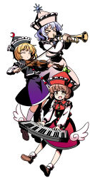  >_< 3girls absurdres black_hat black_skirt black_vest blonde_hair blue_hair bow_(music) breasts brown_eyes brown_hair brown_shoes closed_eyes closed_mouth commentary_request crescent crescent_hat_ornament facing_viewer frilled_hat frills full_body gradient_clothes gradient_skirt hat hat_ornament highres holding holding_bow_(music) holding_instrument holding_trumpet holding_violin instrument keyboard_(instrument) kneehighs limone_illust loafers long_sleeves looking_at_viewer lunasa_prismriver lyrica_prismriver medium_hair merlin_prismriver multiple_girls open_mouth pink_skirt pink_vest playing_instrument purple_skirt red_hat red_skirt red_vest shirt shoes short_hair siblings simple_background sisters skirt skirt_set small_breasts smile socks touhou trumpet vest violin white_background white_shirt white_socks 