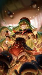  1girl absurdres bang_dream! bang_dream!_it's_mygo!!!!! beret black_capelet black_pantyhose black_skirt bobadd capelet chinese_commentary closed_mouth commentary_request earrings fire green_hair hat highres holding holding_knife jewelry knife long_hair long_sleeves mortis_(bang_dream!) mortis_(costume)_(bang_dream!) mortis_(persona)_(bang_dream!) open_mouth pantyhose pantyhose_under_shorts red_hat red_shorts sharp_teeth shorts shorts_under_skirt skirt solo teeth wakaba_mutsumi wakaba_mutsumi_(doll) 