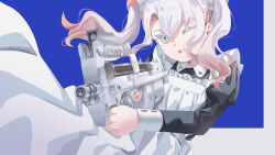  1girl :o ;o absurdres aiming apron black_dress border bullpup collared_dress colored_eyelashes colored_inner_hair commentary crossed_bangs dress floating_hair fn_p90 frilled_apron frills gradient_hair grey_eyes grey_hair gun hair_between_eyes hair_ornament highres holding holding_gun holding_weapon juliet_sleeves long_sleeves maid maid_apron multicolored_eyes multicolored_hair one_eye_closed original outside_border parted_lips pink_eyes pink_hair puffy_sleeves rice_(okome_no_naru_ki) solo submachine_gun thick_eyelashes twintails two-tone_eyes two-tone_hair upper_body weapon white_apron white_border 