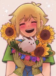 1boy absurdres alternate_costume antenna_hair basil_(faraway)_(omori) basil_(omori) berry_(extrauuberry) blonde_hair blue_overalls blush bunny child closed_eyes commentary double-parted_bangs flower forest_bunny_(omori) gloves green_gloves green_shirt hat highres holding holding_unworn_clothes holding_unworn_hat illustration indie_game innocence male_focus omori open_mouth overalls shirt short_hair short_sleeves sidelocks smile solo sun_hat sunflower t-shirt teeth untranslatable_commentary unworn_hat unworn_headwear upper_teeth_only