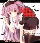  1girl all_fours bat breasts brown_dress brown_legwear dress garter_straps hair_bobbles hair_ornament hair_tubes hat hazakura_satsuki highres lace lace-trimmed_thighhighs large_breasts long_hair looking_at_viewer nurse nurse_cap original pink_eyes pink_hair puffy_short_sleeves puffy_sleeves short_sleeves side_slit smile solo syringe thigh-highs two_side_up very_long_hair zettai_ryouiki 