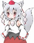  1girl :&lt; animal_ears blush detached_sleeves eyebrows hands_in_sleeves hat high_collar inubashiri_momiji looking_at_viewer meme-tan_(bana_nan26) pom_pom_(clothes) red_eyes silver_hair simple_background skirt solo tail tokin_hat touhou white_background wolf_ears wolf_tail 