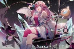  1girl aqua_trim aroma_white blue_eyes boots copyright_logo copyright_notice crystal cytus cytus_ii dress floating_headgear from_side hand_rest headgear highres holding holding_microphone jacket knee_boots logo long_hair long_sleeves looking_at_viewer microphone official_art open_clothes open_jacket open_mouth pink_dress pink_hair pink_thighhighs sdorica singing single_thighhigh sitting thigh-highs tuner-san white_boots white_jacket white_overskirt wide_sleeves 